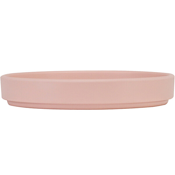 A close-up of a Cal-Mil Hudson blush melamine plate with a low rim.