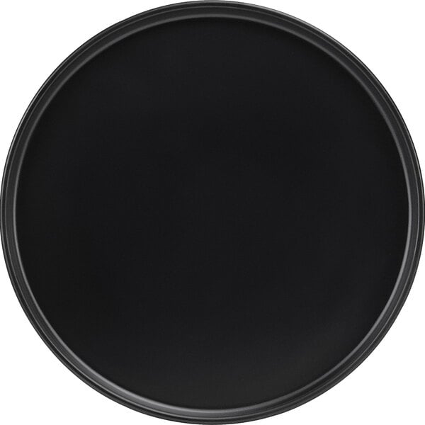 A black round Cal-Mil melamine plate with a black border.