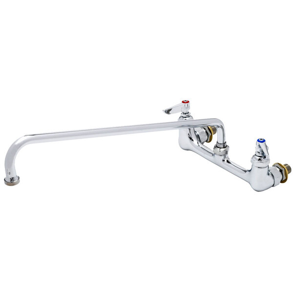 A chrome T&amp;S wall mounted pantry faucet with two long silver handles.