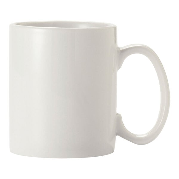 A plain, round, bright white porcelain mug with a handle.