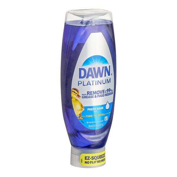 A bottle of Dawn Platinum Fresh Rain dishwashing liquid.