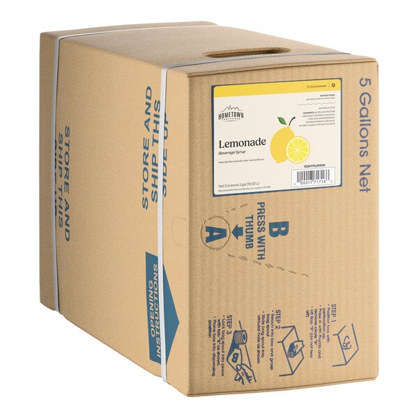 A 5-gallon bag-in-box container of Hometown Provisions Lemonade Syrup.