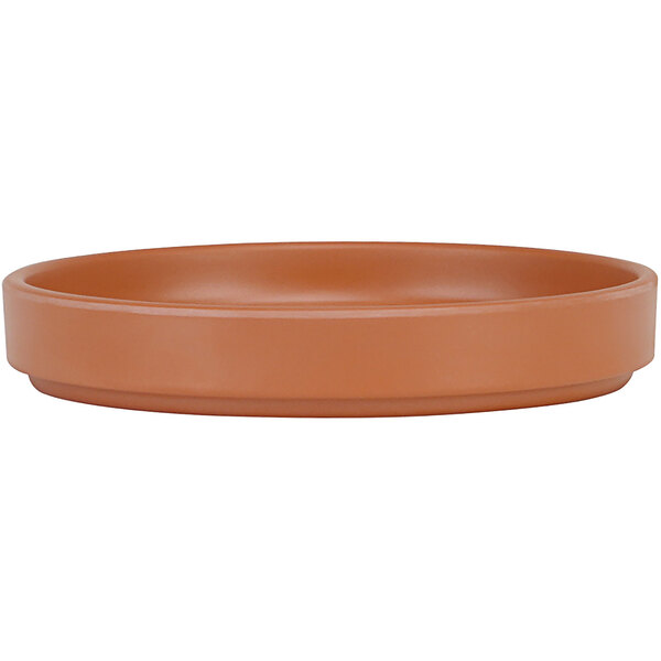 A brown Cal-Mil low rim melamine plate on a white background.