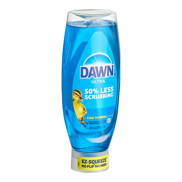 A blue bottle of Dawn Ultra EZ-Squeeze Original dish soap with a label.