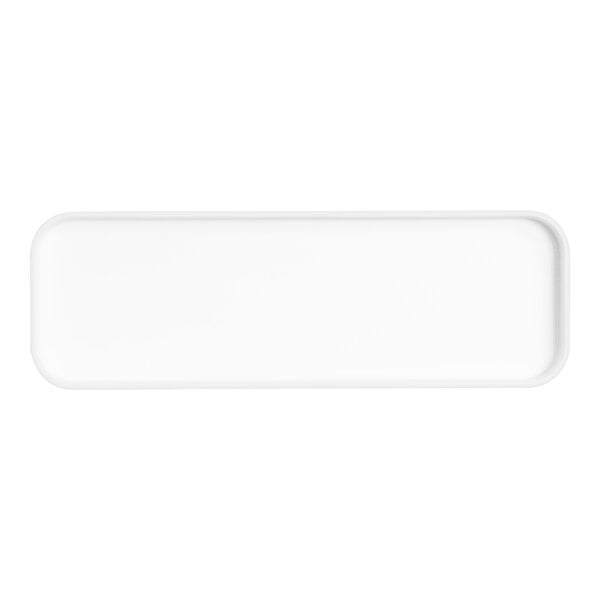 A white rectangular Cal-Mil melamine platter with a raised rim and a white border.