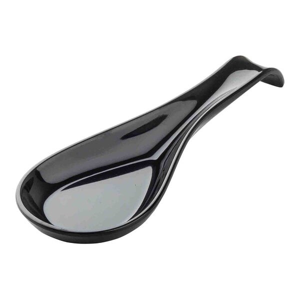 A black Tablecraft spoon rest with a curved handle.