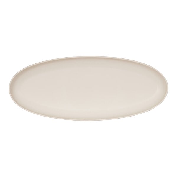 A white oval platter with a curved edge and white border.