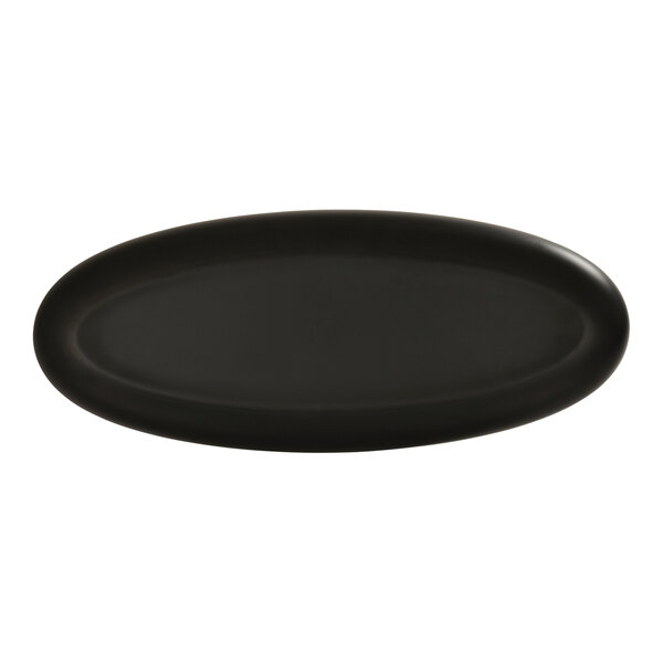 A black oval Cal-Mil melamine platter with a white background.