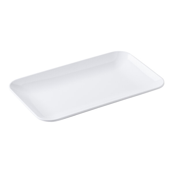 A white rectangular plate with a handle.