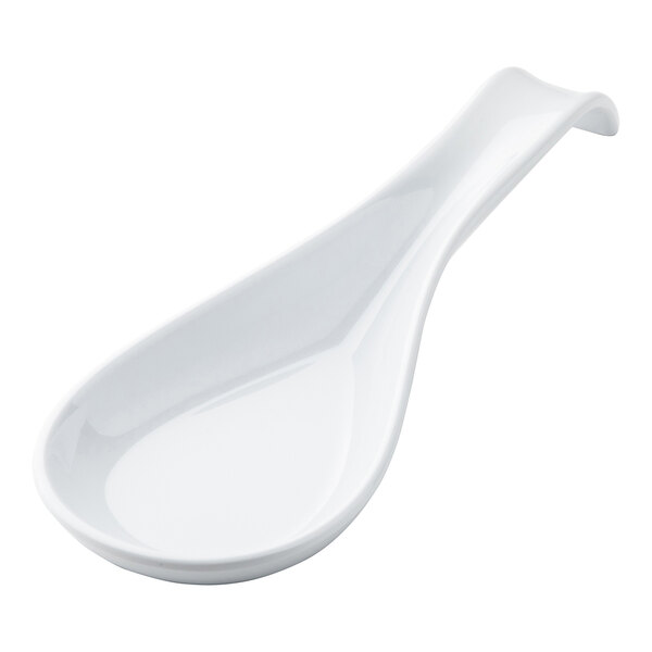 A Tablecraft white melamine spoon rest with a curved handle.