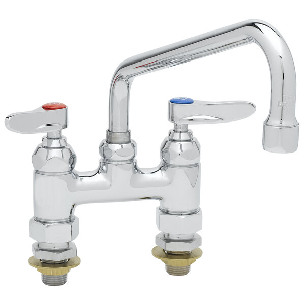 A T&S chrome deck-mounted faucet with two lever handles.