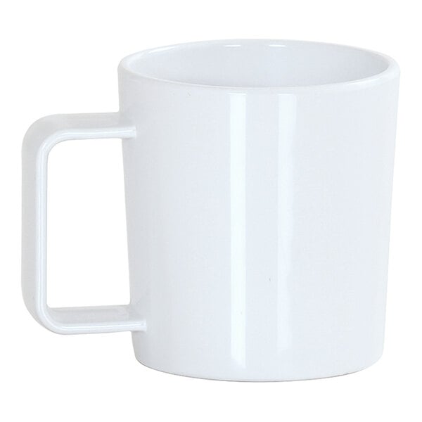 A white Cal-Mil melamine coffee mug with a handle.