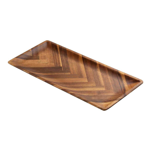 A Tablecraft rectangular acacia wood serving platter with a chevron pattern.