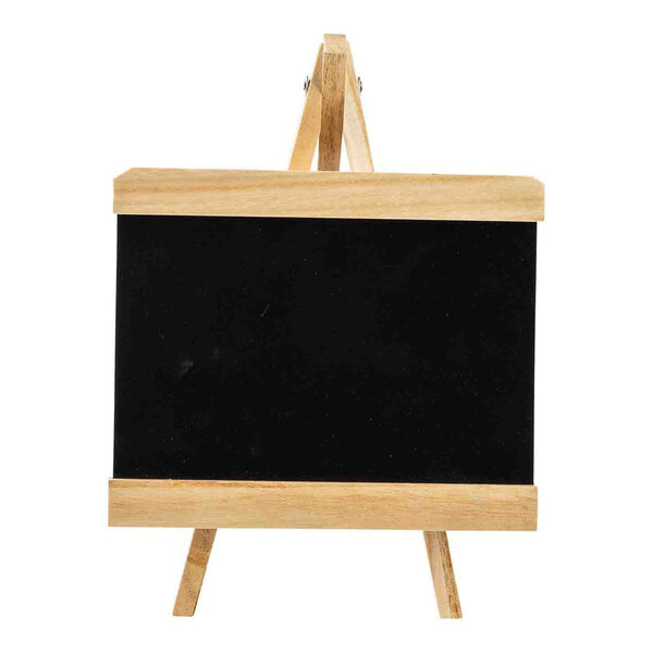 A Tablecraft wooden tabletop chalkboard sign with a natural frame on a stand.