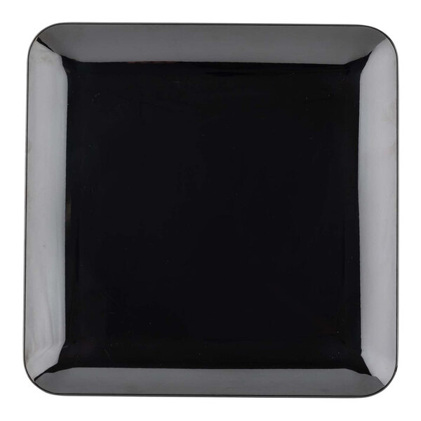 A black square melamine serving platter with a white border.