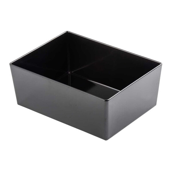 A black rectangular Tablecraft melamine bowl with straight sides.