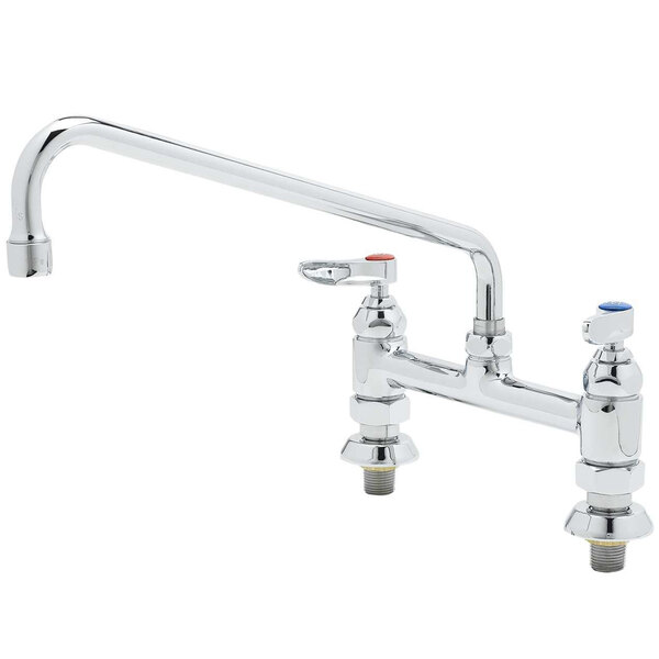 A chrome T&S deck-mounted faucet with two lever handles.