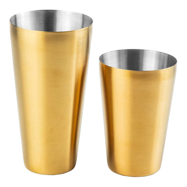 A close-up of a gold Tablecraft Boston shaker cup.