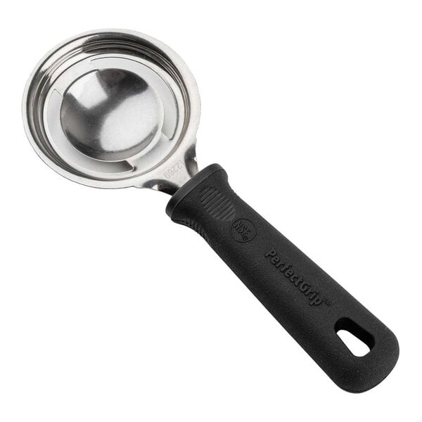 A Tablecraft PerfectGrip stainless steel egg separator with a black handle.
