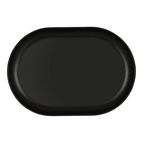 A black oval Cal-Mil melamine tray.