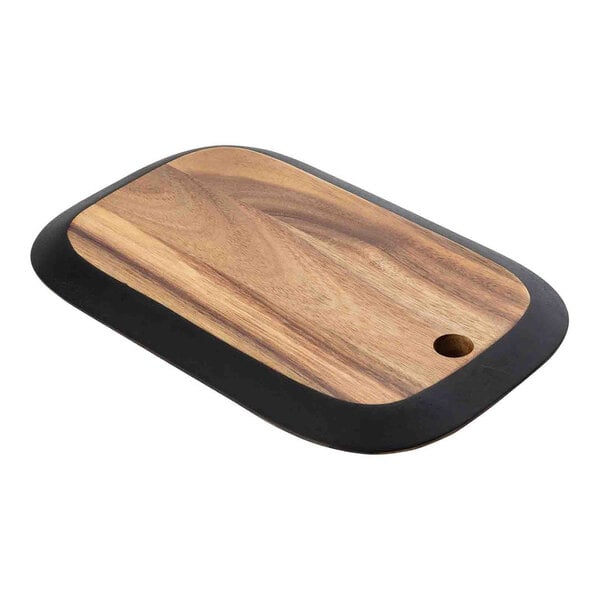 A Tablecraft rectangular acacia wood serving board with a black border.