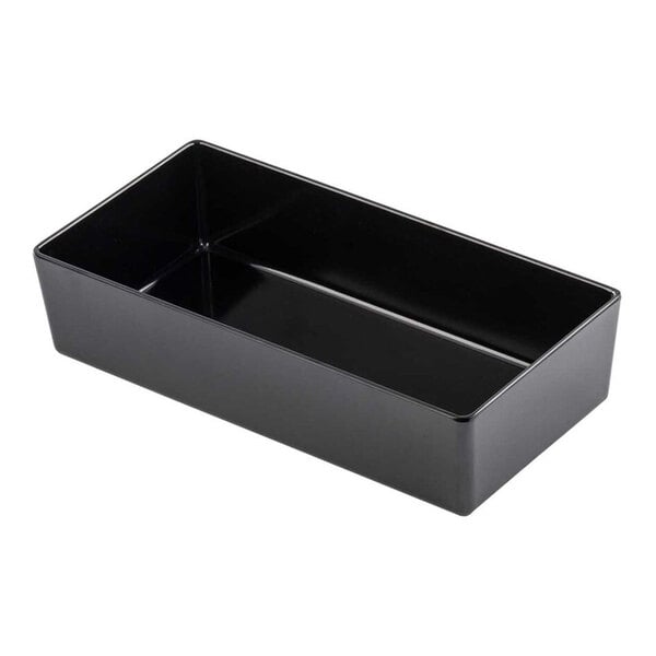 A black rectangular Tablecraft melamine bowl with straight sides.