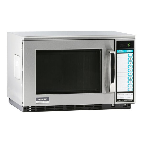 A stainless steel Sharp commercial microwave with a black screen.