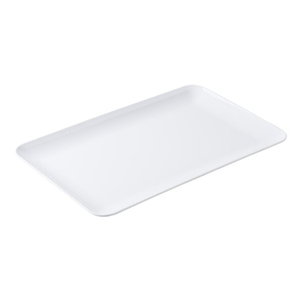 A white rectangular Tablecraft Sierra Collection melamine serving platter with a white border.