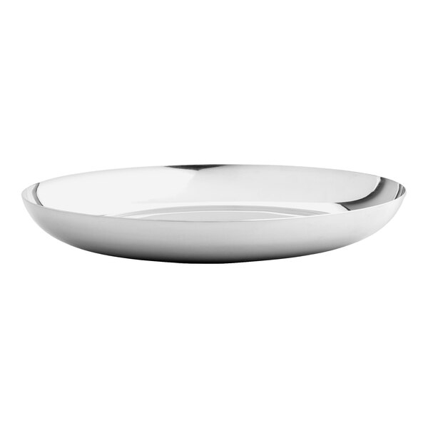 A Tablecraft stainless steel round tray with a silver rim.