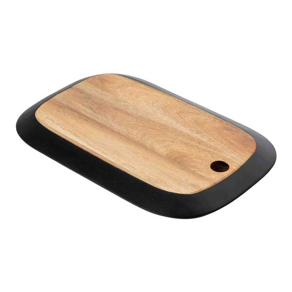 A Tablecraft rectangular acacia wood serving board with a black border.
