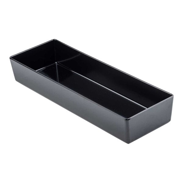 A black rectangular Tablecraft Simple Solutions melamine bowl with a rectangular bottom.