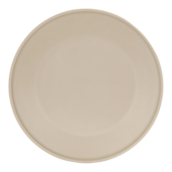 A taupe Cal-Mil melamine plate with a circle shape on a white background.