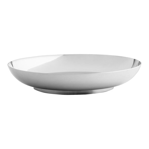 A stainless steel round tray with a white background.