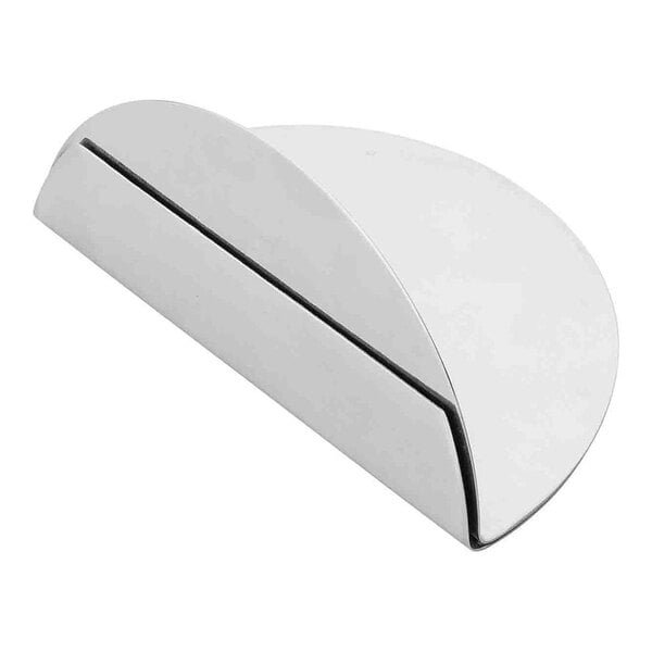 A stainless steel Tablecraft half moon card holder with a black strip.