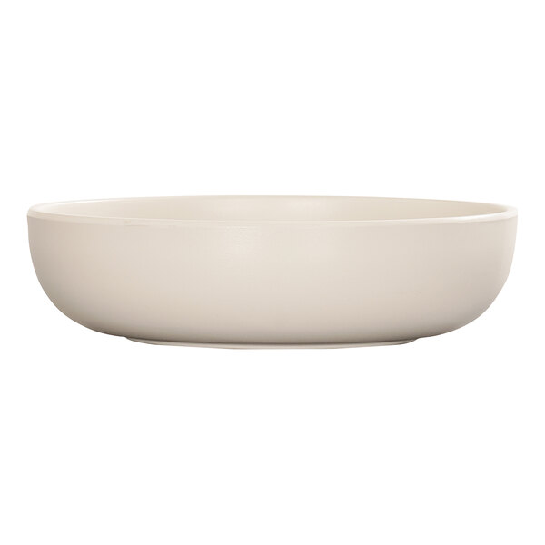 A white Cal-Mil melamine coupe bowl with a black border.