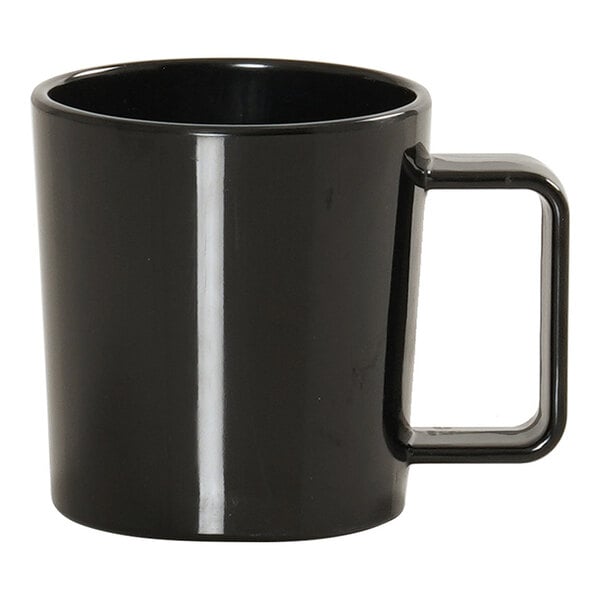 A black Cal-Mil coffee mug with a handle.