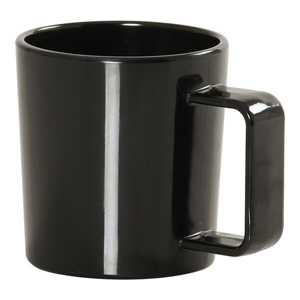 A black Cal-Mil melamine coffee mug with a handle.