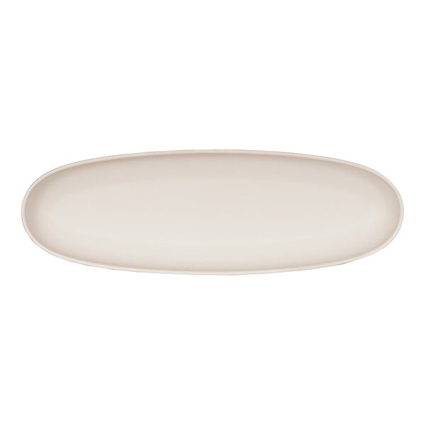 An ivory and black oval melamine tray with a white border.