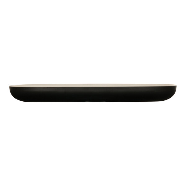 A black and ivory oval melamine platter with a black handle.
