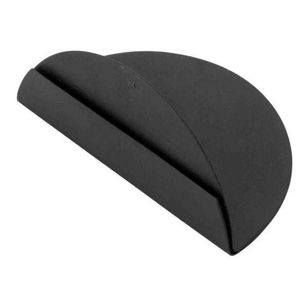 A black stainless steel half moon shaped Tablecraft card holder.