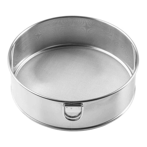 A Tablecraft stainless steel fine-mesh sieve with a round metal container.