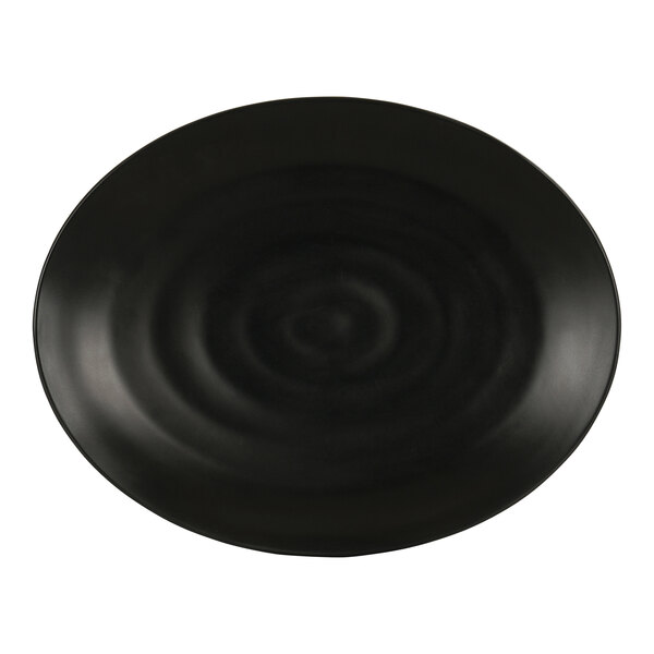 A black oval Cal-Mil melamine platter with a spiral pattern.