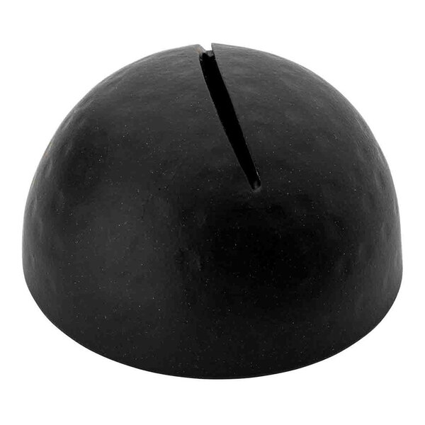 A round black hammered stainless steel card holder with a hole in the middle.