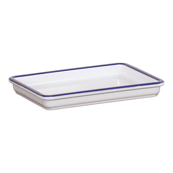 A white rectangular Cal-Mil melamine serving tray with blue stripes.