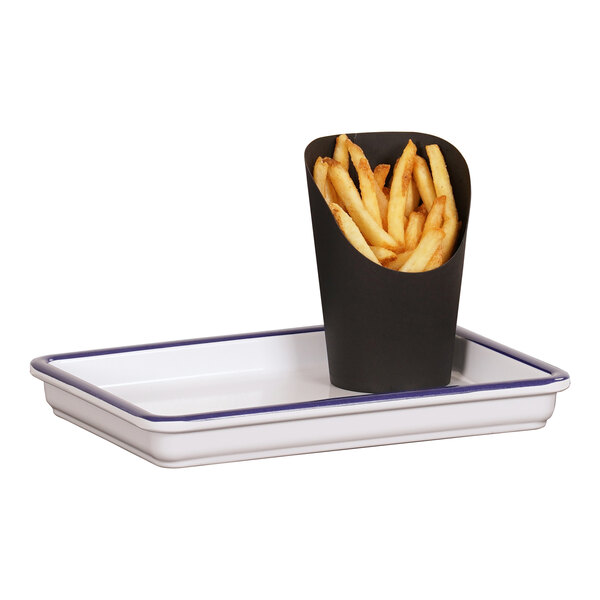 A white Cal-Mil rectangular melamine tray with a blue rim holding a black cup and french fries in a black container.