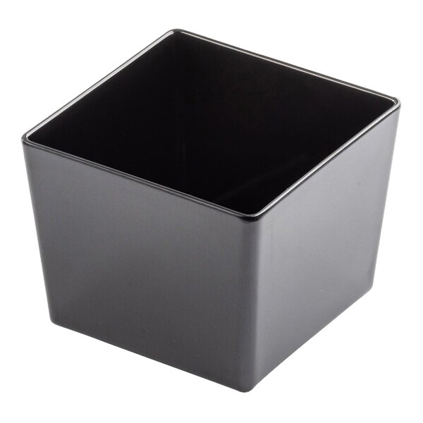 A black square Tablecraft melamine bowl with straight sides.