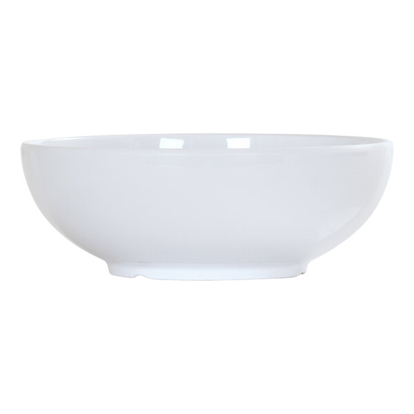 A close-up of a white Cal-Mil melamine bowl.