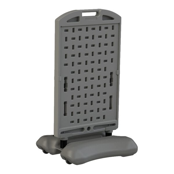 A grey Plasticade Wind Sign II stand with wheels.