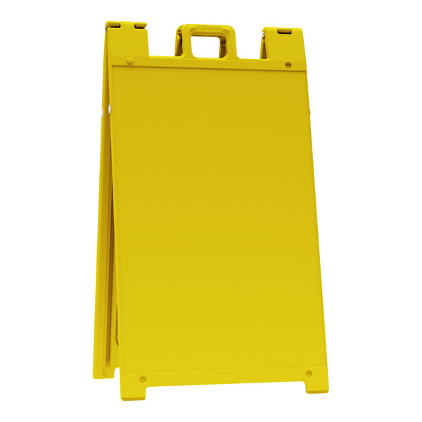 A yellow Plasticade A-Frame sign stand with white handles.