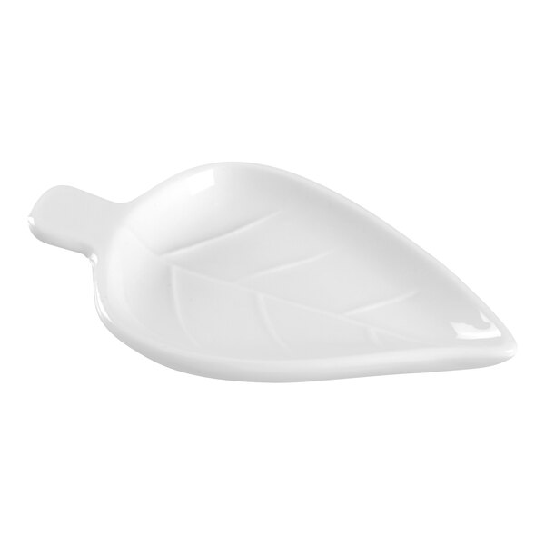 A white leaf shaped Solia porcelain dish.